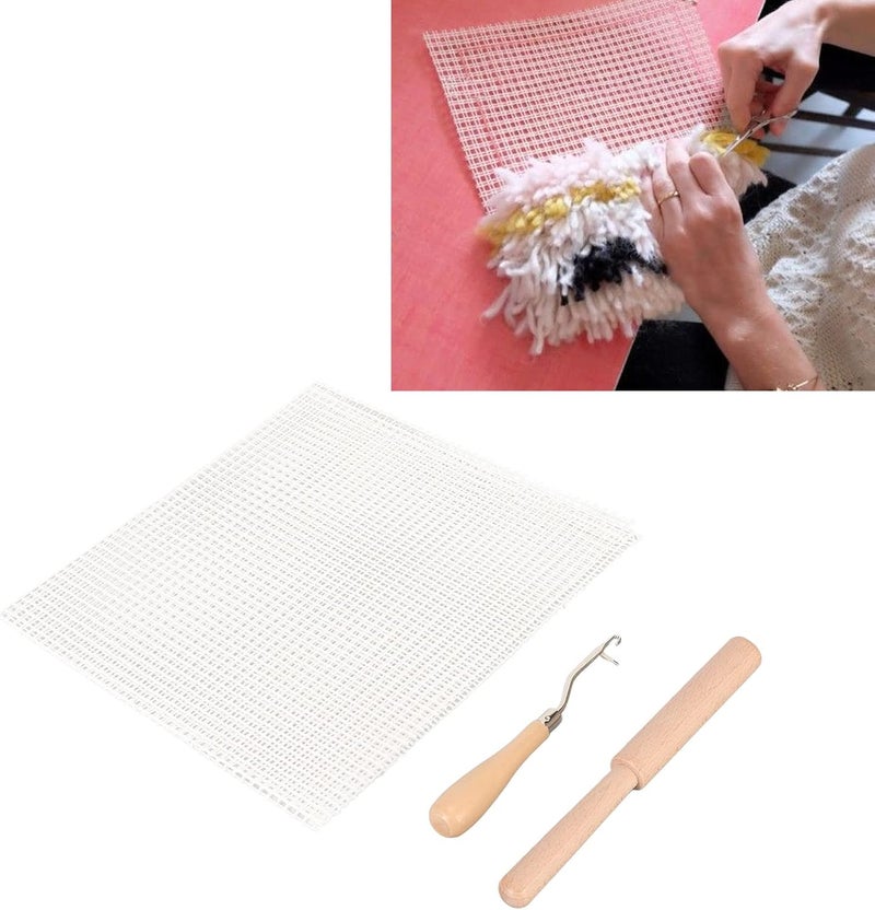 مجموعة أدوات خطاف المزلاج، مجموعة DIY لسجادة خطاف المزلاج مع قماش شبكي فارغ وخطاف كروشيه بمقبض خشبي لحرف سجاد التابستري، تتضمن قاطع خيوط - Image 4