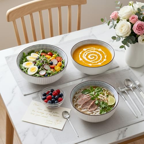 QINLANG Large Soup Bowls, Pho & Ramen Set of 3, 60 oz Blue & White Porcelain Big Bowls - Striped Pattern - Image 5