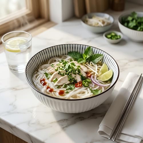 QINLANG Large Soup Bowls, Pho & Ramen Set of 3, 60 oz Blue & White Porcelain Big Bowls - Striped Pattern - Image 3