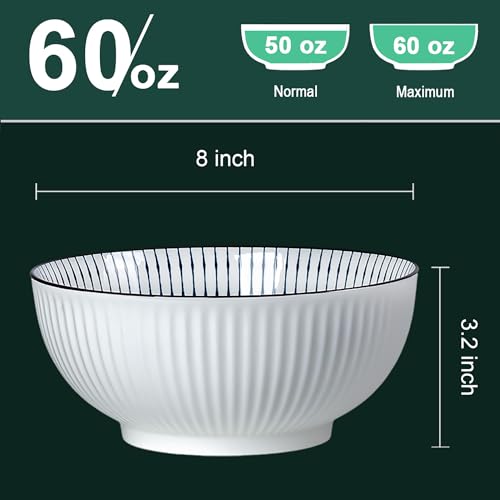 QINLANG Large Soup Bowls, Pho & Ramen Set of 3, 60 oz Blue & White Porcelain Big Bowls - Striped Pattern - Image 2