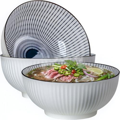 QINLANG Large Soup Bowls, Pho & Ramen Set of 3, 60 oz Blue & White Porcelain Big Bowls - Striped Pattern - Image 1
