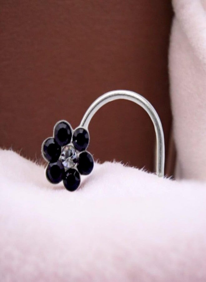 LBV 925 Sterling Silver Flower Shape With Black and White Stone Nose Pin Wire for Womens and Girls - Image 4