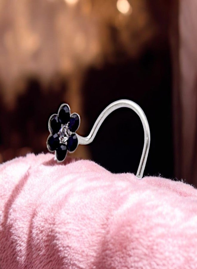 LBV 925 Sterling Silver Flower Shape With Black and White Stone Nose Pin Wire for Womens and Girls - Image 3