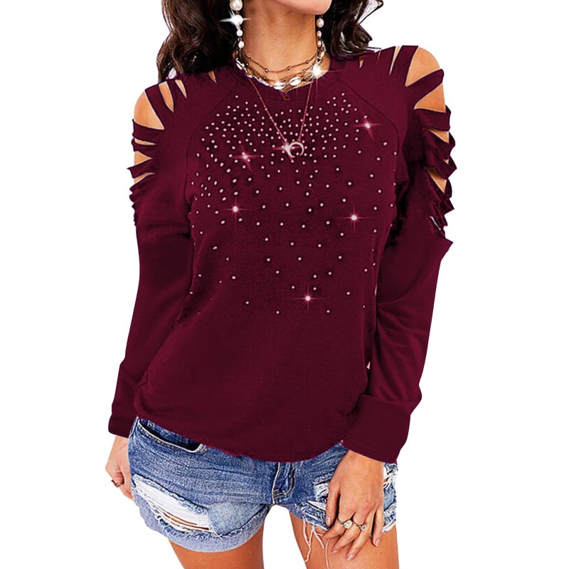 Round Neck Long Sleeve Cutout Shoulder T-Shirt Top - Image 4
