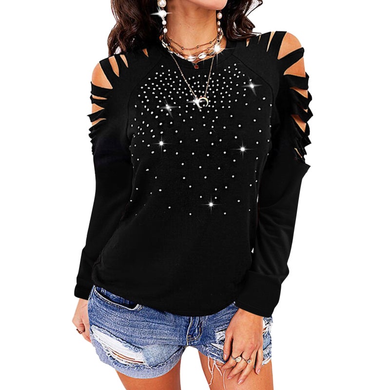 Round Neck Long Sleeve Cutout Shoulder T-Shirt Top - Image 2
