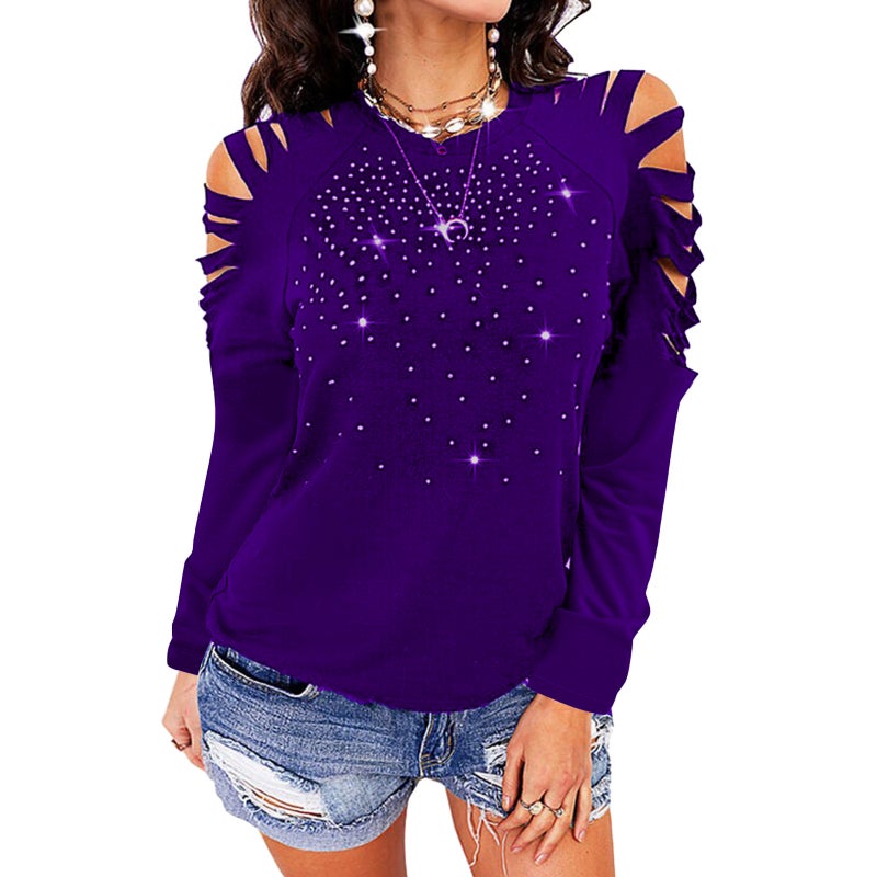 Round Neck Long Sleeve Cutout Shoulder T-Shirt Top - Image 3
