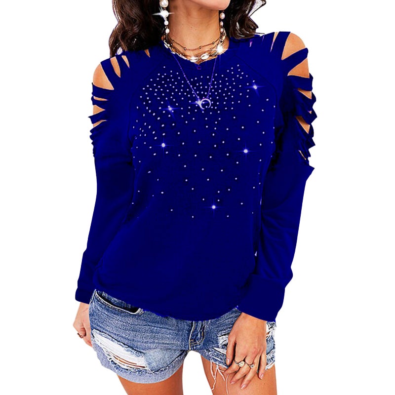 Round Neck Long Sleeve Cutout Shoulder T-Shirt Top - Image 1
