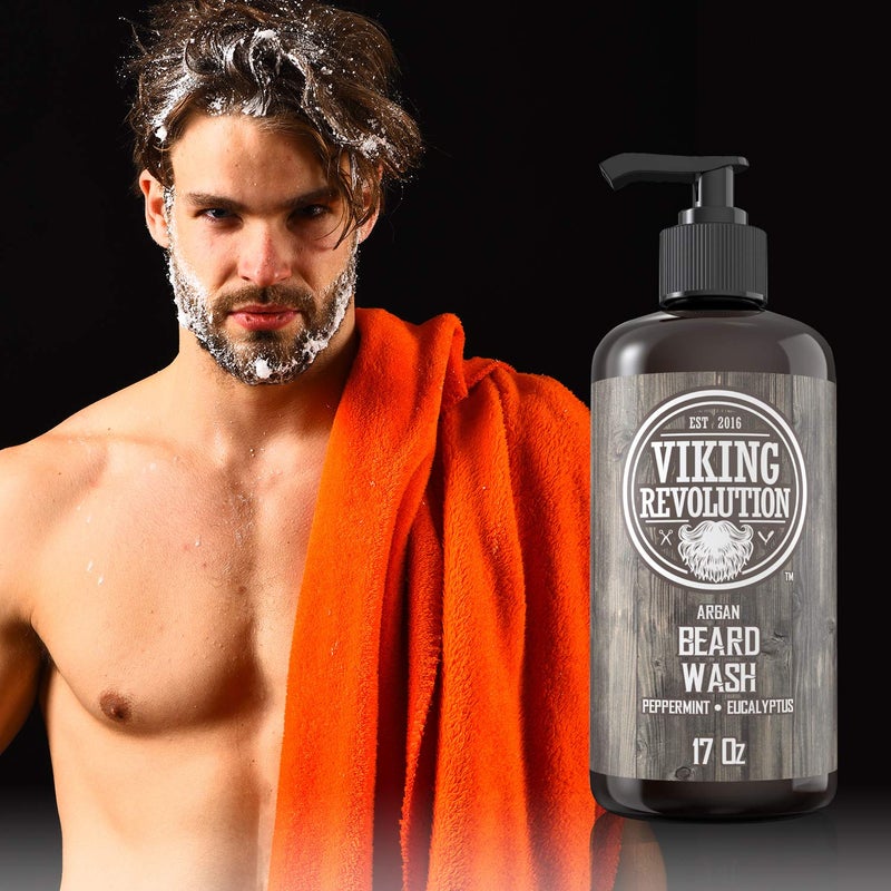Viking Revolution Beard Wash Shampoo w/Argan & Jojoba Oils - Softens & Strengthens - Natural Peppermint and Eucalyptus Scent - Beard Shampoo w/Beard Oil (17 oz Shampoo) - Image 3
