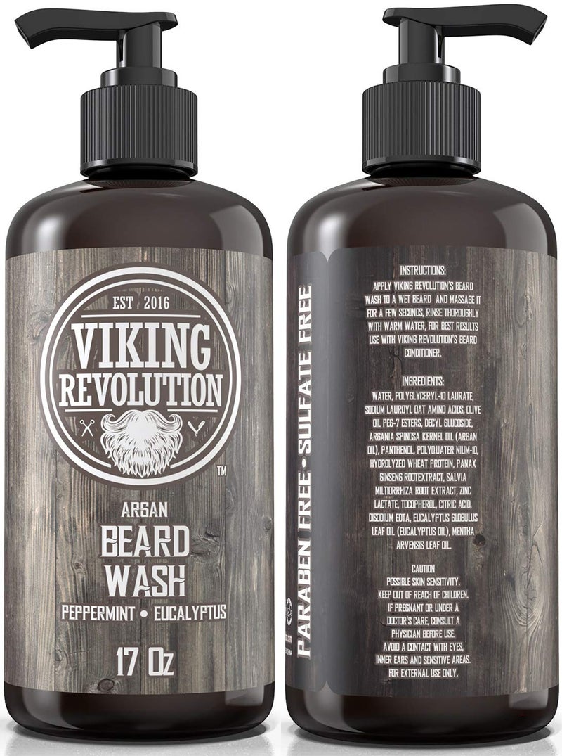 Viking Revolution Beard Wash Shampoo w/Argan & Jojoba Oils - Softens & Strengthens - Natural Peppermint and Eucalyptus Scent - Beard Shampoo w/Beard Oil (17 oz Shampoo) - Image 2