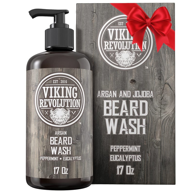 Viking Revolution Beard Wash Shampoo w/Argan & Jojoba Oils - Softens & Strengthens - Natural Peppermint and Eucalyptus Scent - Beard Shampoo w/Beard Oil (17 oz Shampoo) - Image 1
