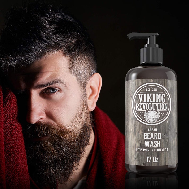 Viking Revolution Beard Wash Shampoo w/Argan & Jojoba Oils - Softens & Strengthens - Natural Peppermint and Eucalyptus Scent - Beard Shampoo w/Beard Oil (17 oz Shampoo) - Image 4