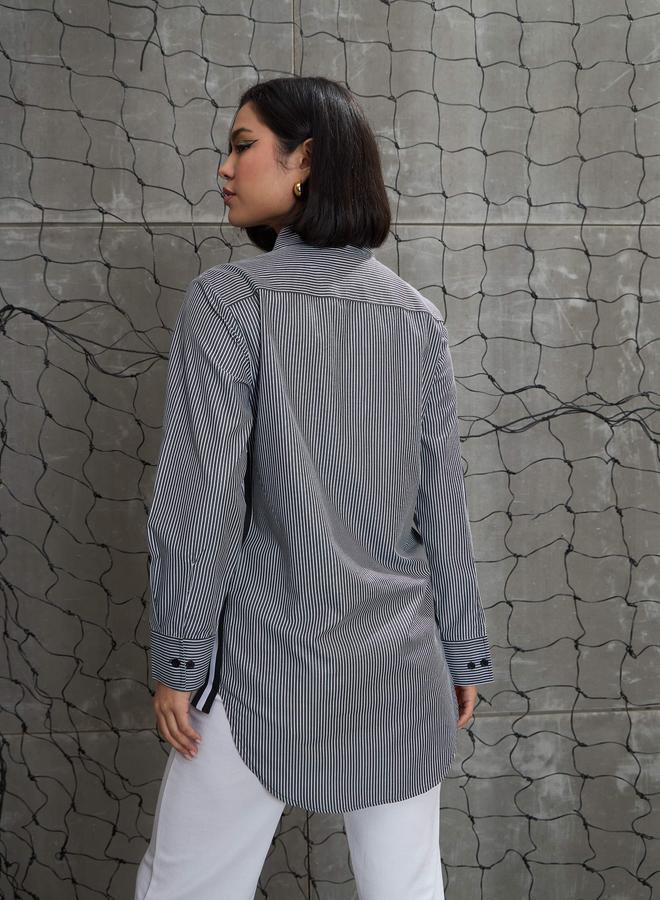 SASSAFRAS Black and White Striped Side Tape Buttoned Shirt - Image 5