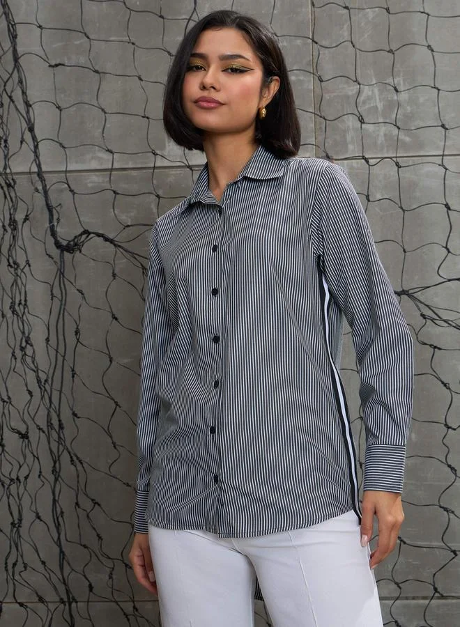 SASSAFRAS SASSAFRAS Black and White Striped Side Tape Buttoned Shirt