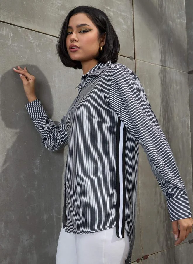 SASSAFRAS SASSAFRAS Black and White Striped Side Tape Buttoned Shirt
