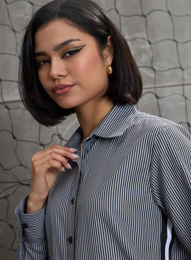 SASSAFRAS Black and White Striped Side Tape Buttoned Shirt - Image 4