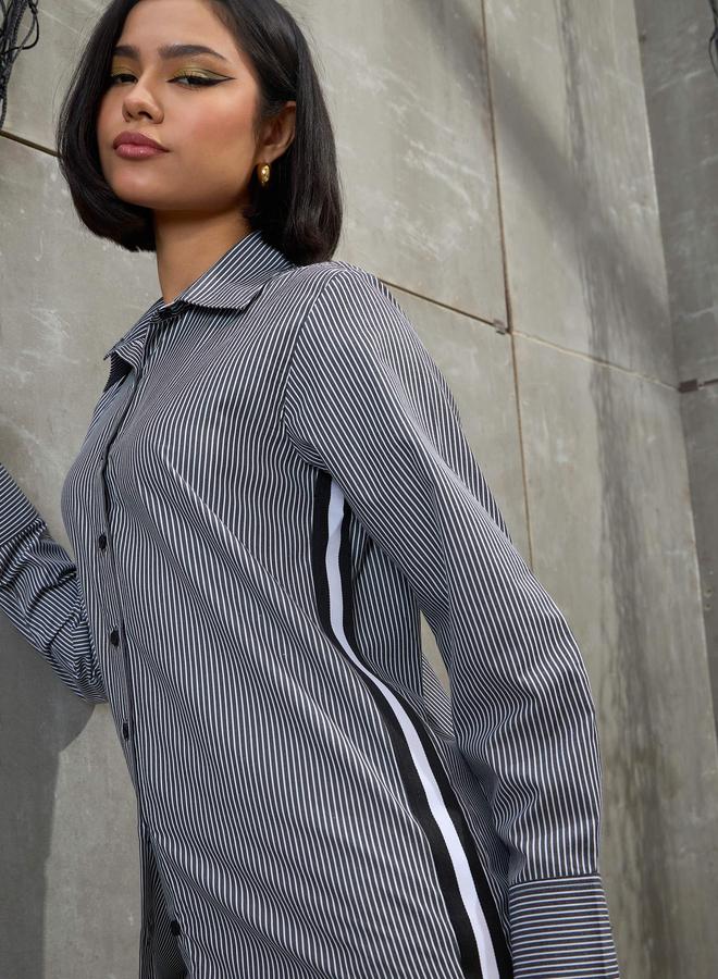 SASSAFRAS Black and White Striped Side Tape Buttoned Shirt - Image 2