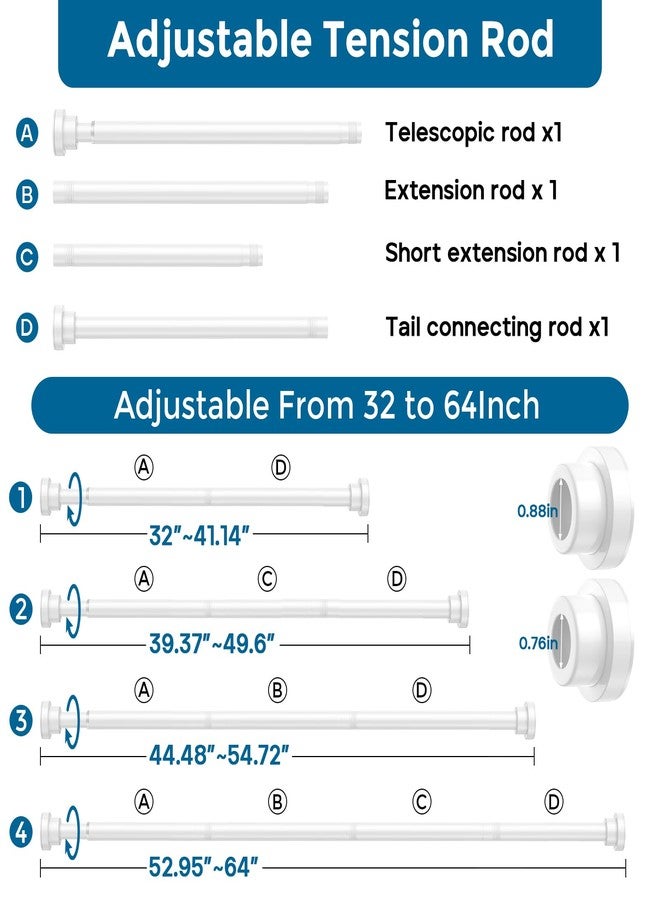 AIZESI 2Pack Spring Tension Rod 32-64 Inch Tension Curtain Rods Adjustable White Shower Rod No Drilling for Window, Doorway, Closet, Bathroom, Kitchen - Image 2