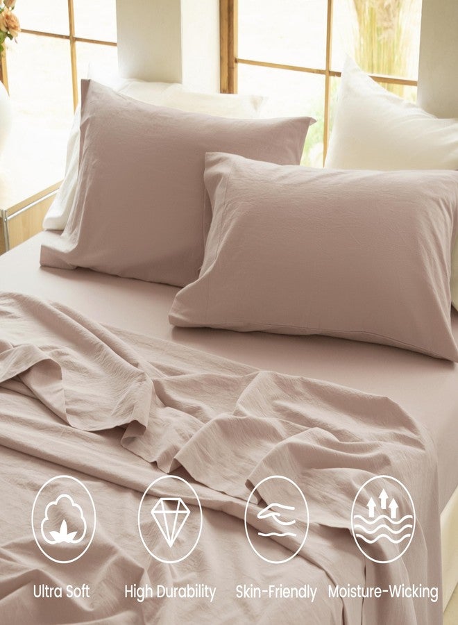 BISELINA 100% Washed Cotton Sheet Set Full Size 4 Pieces Soft Breathable Durable Chic Bedding Set for All Season - Mauve Pink Brown, Full - Image 2