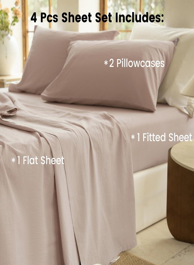 BISELINA 100% Washed Cotton Sheet Set Full Size 4 Pieces Soft Breathable Durable Chic Bedding Set for All Season - Mauve Pink Brown, Full - Image 3