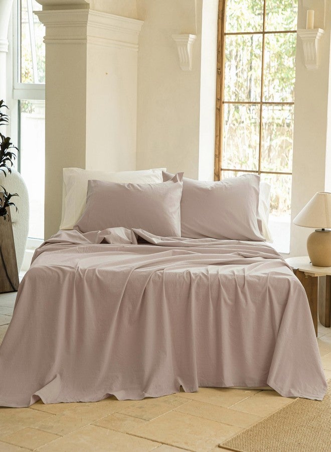 BISELINA 100% Washed Cotton Sheet Set Full Size 4 Pieces Soft Breathable Durable Chic Bedding Set for All Season - Mauve Pink Brown, Full - Image 1