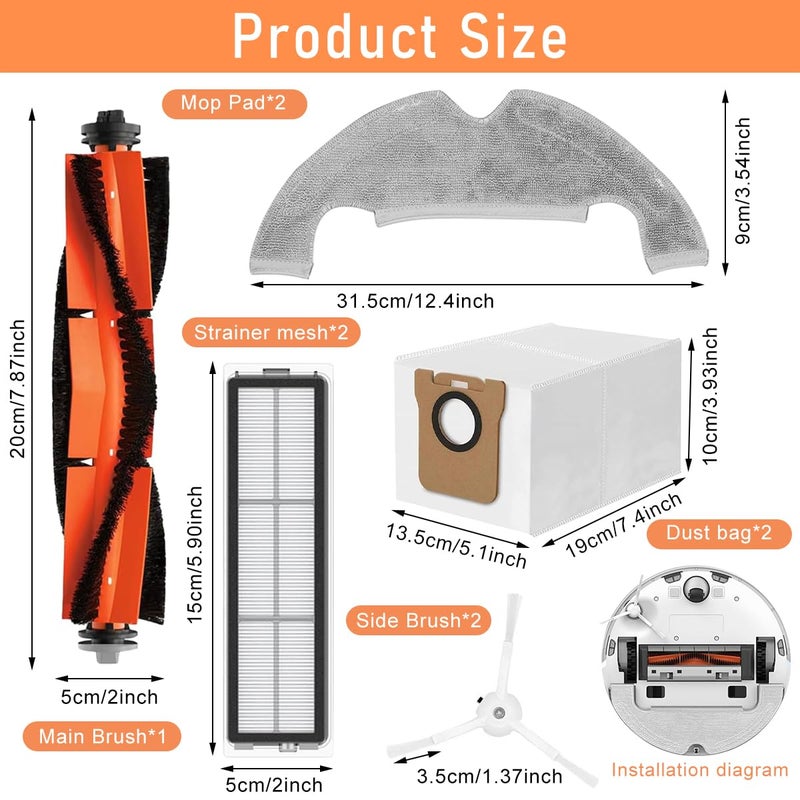 Verilux Verilux 9Pcs Replenishment Kit Replacement Parts Compatible with Mi Robot Vacuum X10 Replacement Accessories 1 Main Brush 2 Side Brushes 2 Mop Cloth 2 Dust Collection Bags 2 Filters - Image 2