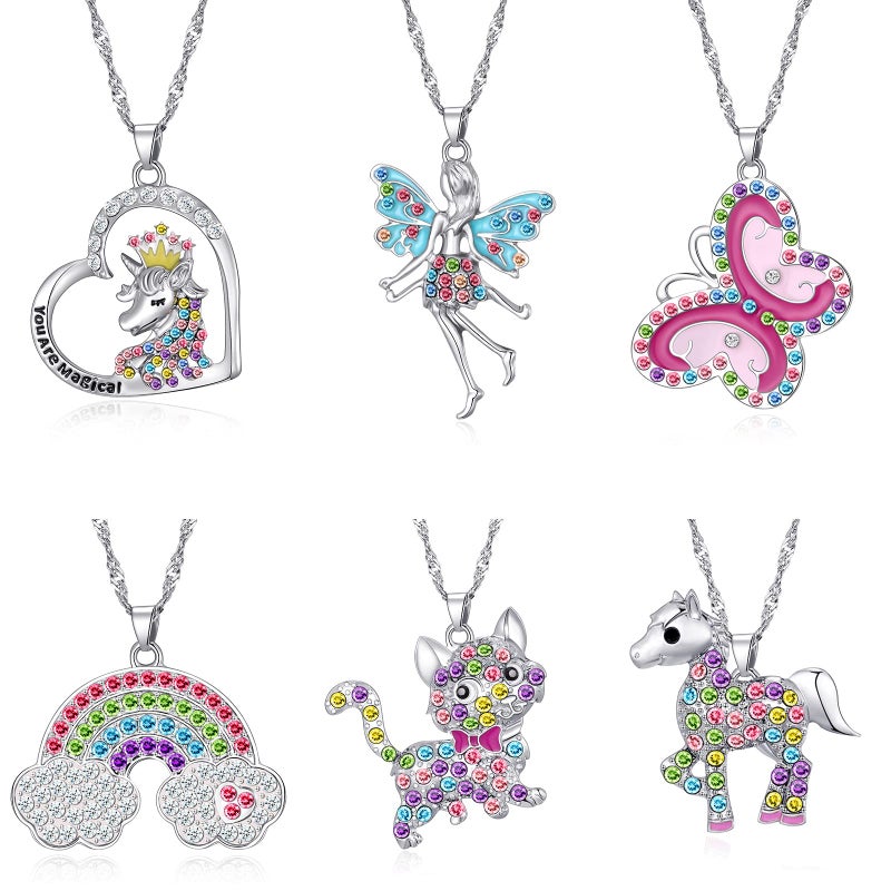 SYNLIN 6 Pcs Cute Necklaces for Teen Girls - Adorable Pastel Crystal Girls Jewelry - Unicorns Gifts for Girls - Fairy Gifts for Teens - Dainty Necklace Birthday Gift Set Heart Necklace for Teen Girl Stuff - Image 1