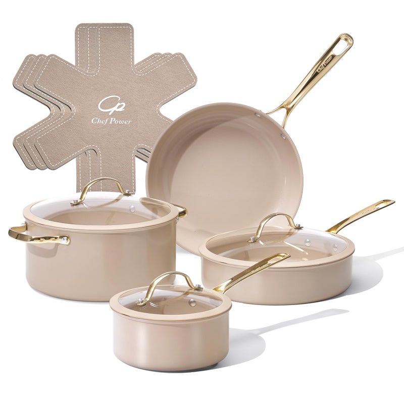 Chef Power Ceramic Cookware Sets, 10Pcs Pots and Pans Set Non Stick, Cookware Set with Stainless Steel Handle, Dishwasher & Oven Safe, Taupe and Light Gold Handle - Image 1