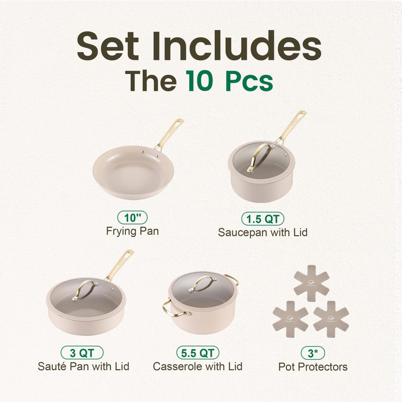 Chef Power Ceramic Cookware Sets, 10Pcs Pots and Pans Set Non Stick, Cookware Set with Stainless Steel Handle, Dishwasher & Oven Safe, Taupe and Light Gold Handle - Image 2