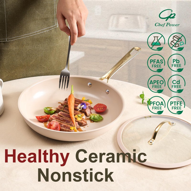 Chef Power Ceramic Cookware Sets, 10Pcs Pots and Pans Set Non Stick, Cookware Set with Stainless Steel Handle, Dishwasher & Oven Safe, Taupe and Light Gold Handle - Image 3