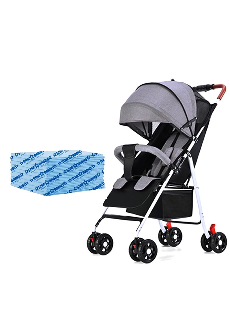 STAR BABiES نجوم الأطفال - اشترِ 1 واحصل على 1 (عربة أطفال خفيفة الوزن محمولة مع طي مدمج مع 25 قطعة مجانية من حصائر التغيير القابلة للاستخدام لمرة واحدة - رمادي/أزرق) - Image 1