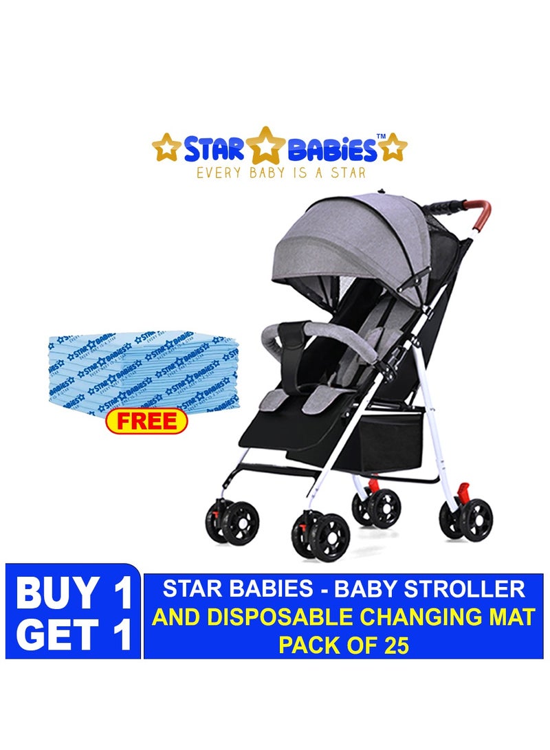 STAR BABiES نجوم الأطفال - اشترِ 1 واحصل على 1 (عربة أطفال خفيفة الوزن محمولة مع طي مدمج مع 25 قطعة مجانية من حصائر التغيير القابلة للاستخدام لمرة واحدة - رمادي/أزرق) - Image 2