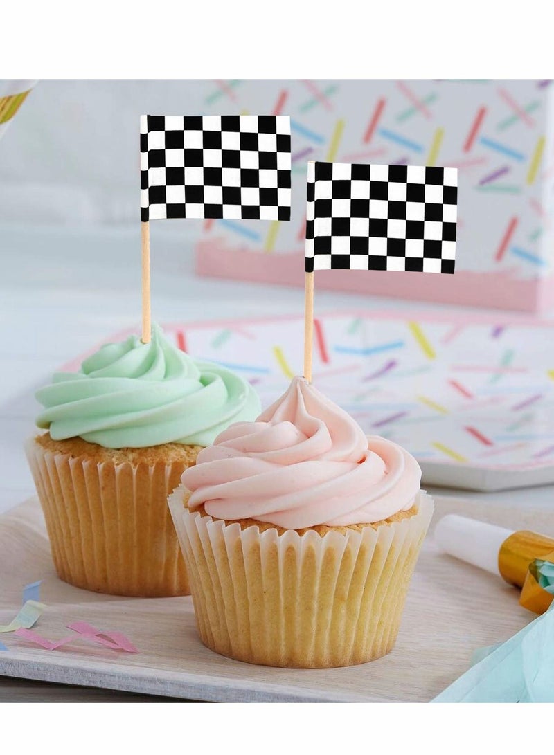 Excefore Checkered Racing Flag Toothpicks Cupcake Picks Mini Stick Toppers Dinner Flags Race Car Cake Decorations Party Supplies (100 Pack) - Image 2