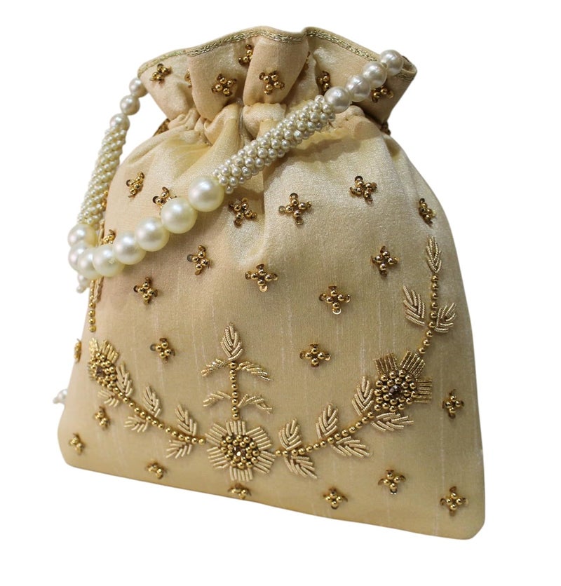MILAN'S CREATION : Pearl & Zardosi Potli Bag Hand Embroidery Drawstring Potli Women's Handbag Purse With Pearl Handle & Tassel Purse - Image 3