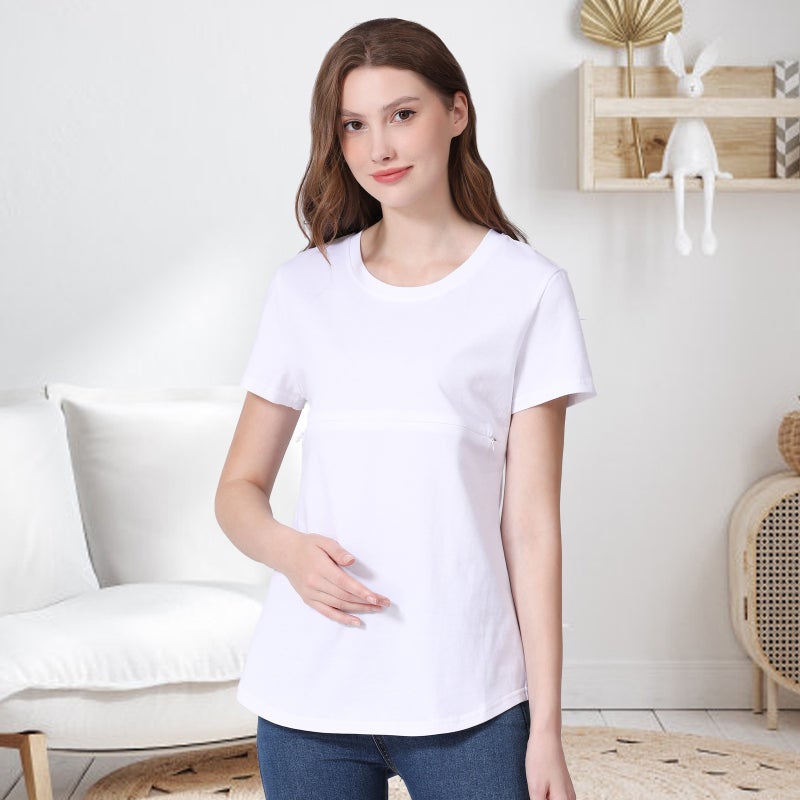 Summer Hot Mom Pregnant Womens Short-sleeved T-shirt Pure Cotton Zipper Breastfeeding Clothes Home Base Shirt European and American plus size for in stock White  - Image 1