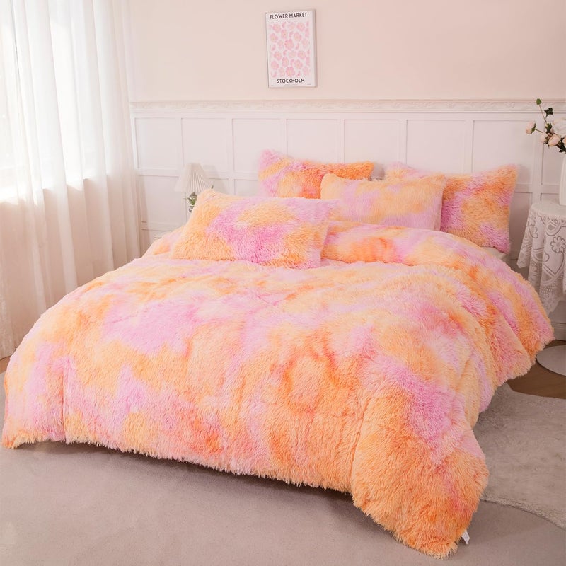 PERFEMET Orange Fluffy Comforter Queen Size 3 Pieces Colorful Faux Fur Shaggy Bedding Set Girls Teen Tie Dye Furry Bedding Ultra Soft Comfy Velvet Plush Bed Set(Orange Pink, Queen) - Image 1