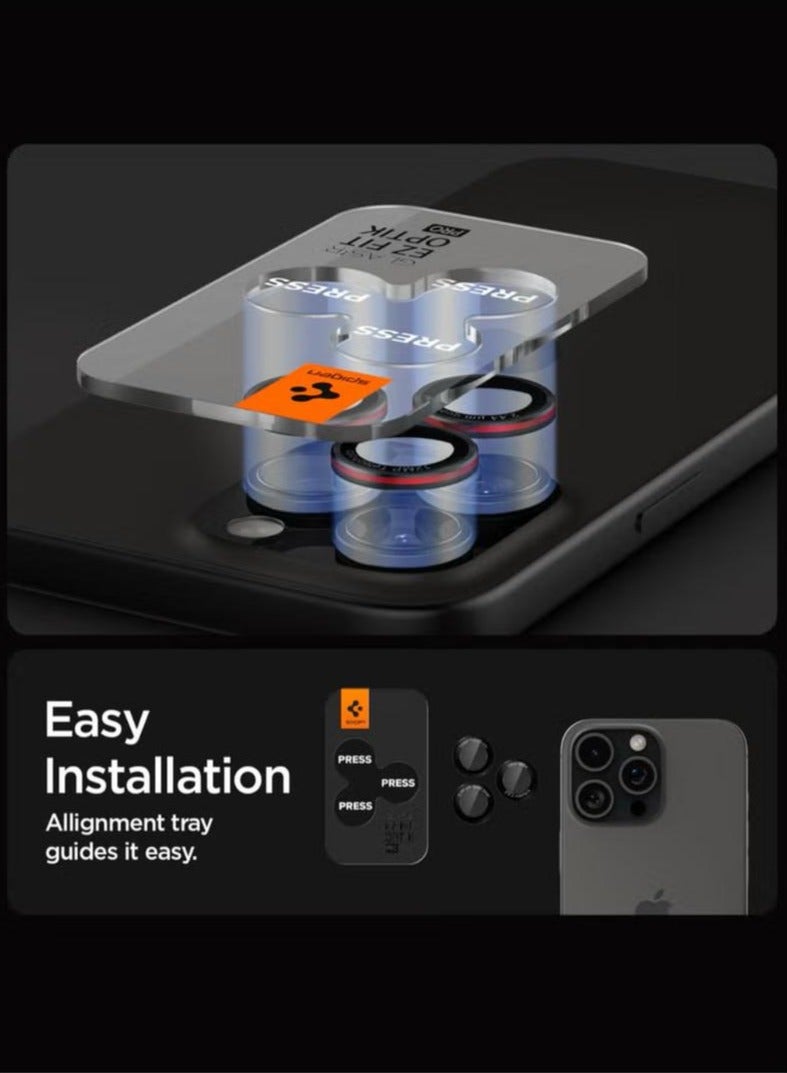 واقي شاشة عدسة الكاميرا Glastr Ez Fit Optik PRO لهاتف iPhone 16 Pro Max/iPhone 16 Pro/iPhone 15/14 Pro Max/iPhone 15/14 Pro - إصدار سلسلة L [عبوتان]