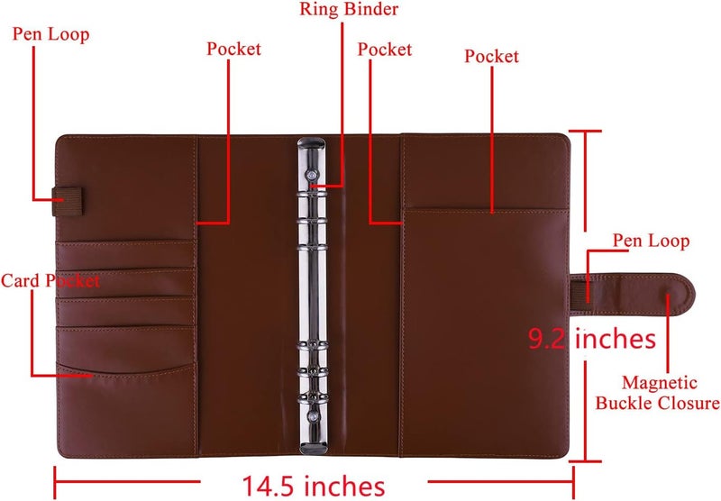 Antner A5 PU Leather Binder Cover for Filler Paper, Refillable Personal Planner with Magnetic Buckle Closure, Brown - Image 2
