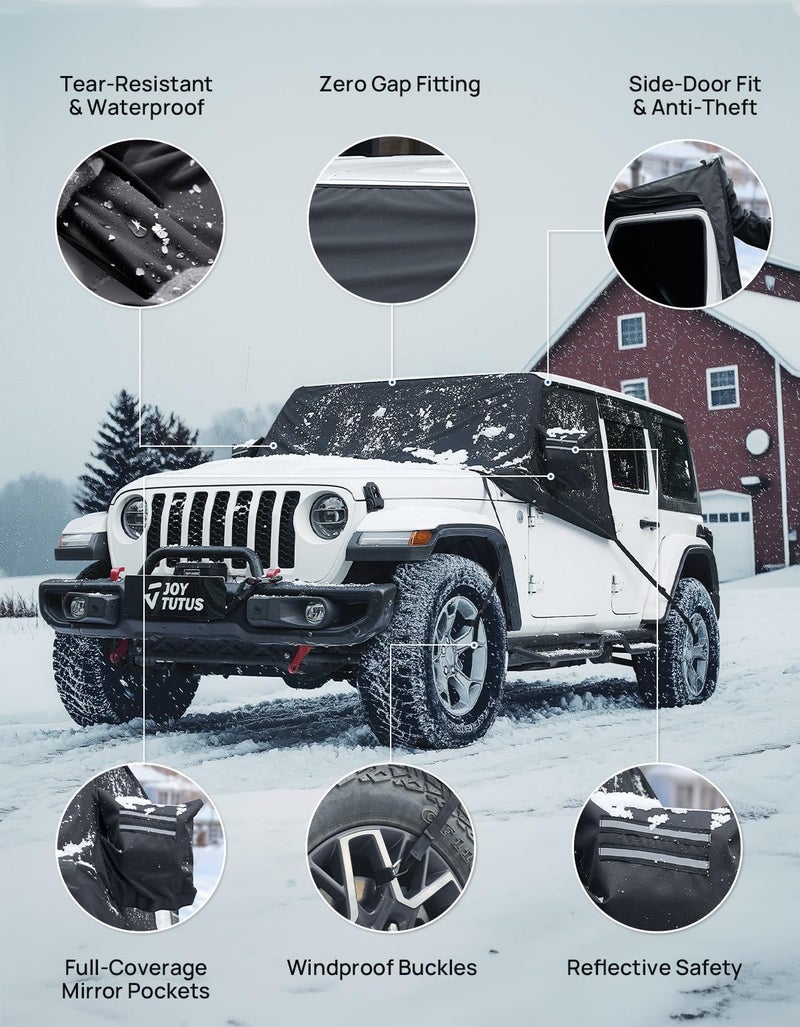JOYTUTUS Windshield Snow Cover for Wrangler JK JL 2007-2026 & Gladiator JT 2020-2026 | All-Weather Protection with Side Mirror Covers | Waterproof, Anti-Theft Design - Image 4