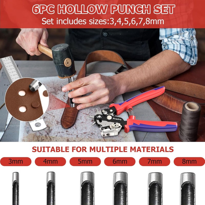 Preciva Hole Punch Plier, Revolving Punch Hole Tool with V-Shaped Cutting Edge Design, 6 Hole Sizes Used for Leather, Belts, Thin Iron Sheets, Paper Cards, Plastics, & Fabrics - Image 3