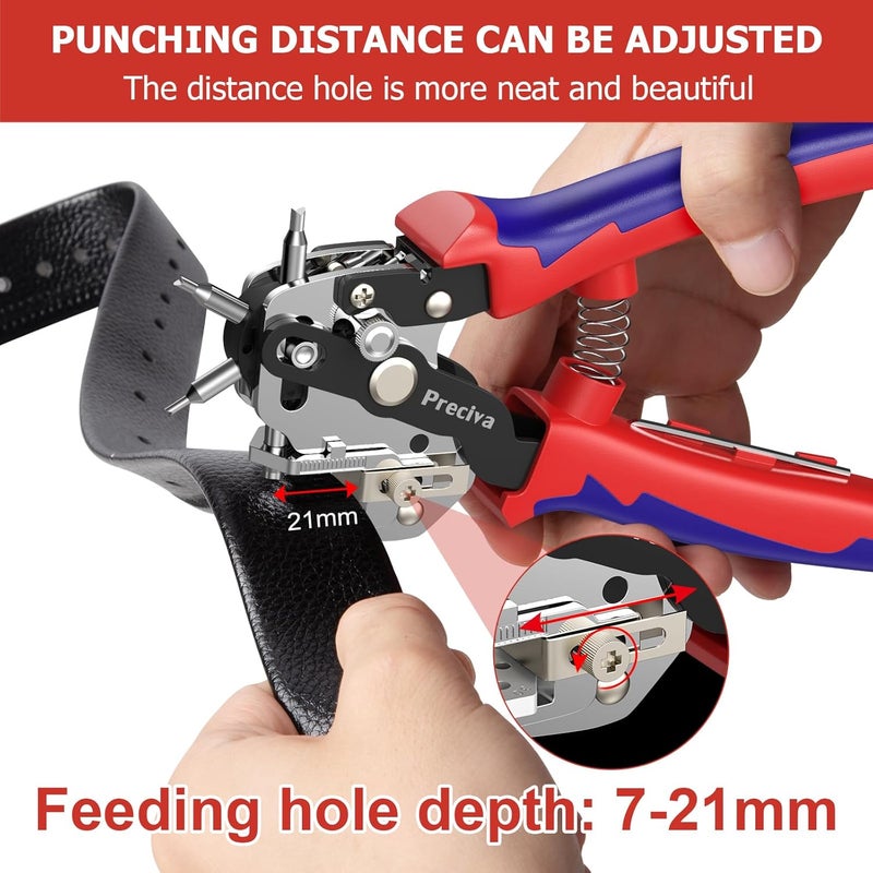 Preciva Hole Punch Plier, Revolving Punch Hole Tool with V-Shaped Cutting Edge Design, 6 Hole Sizes Used for Leather, Belts, Thin Iron Sheets, Paper Cards, Plastics, & Fabrics - Image 5