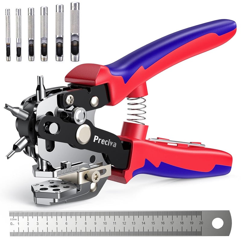 Preciva Hole Punch Plier, Revolving Punch Hole Tool with V-Shaped Cutting Edge Design, 6 Hole Sizes Used for Leather, Belts, Thin Iron Sheets, Paper Cards, Plastics, & Fabrics - Image 1