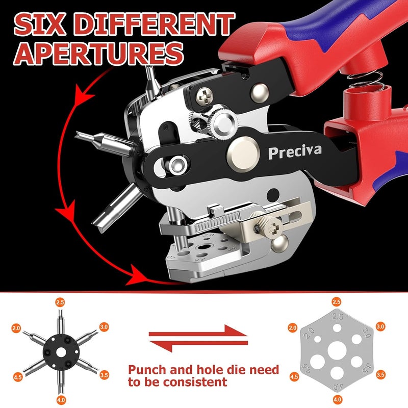 Preciva Hole Punch Plier, Revolving Punch Hole Tool with V-Shaped Cutting Edge Design, 6 Hole Sizes Used for Leather, Belts, Thin Iron Sheets, Paper Cards, Plastics, & Fabrics - Image 4