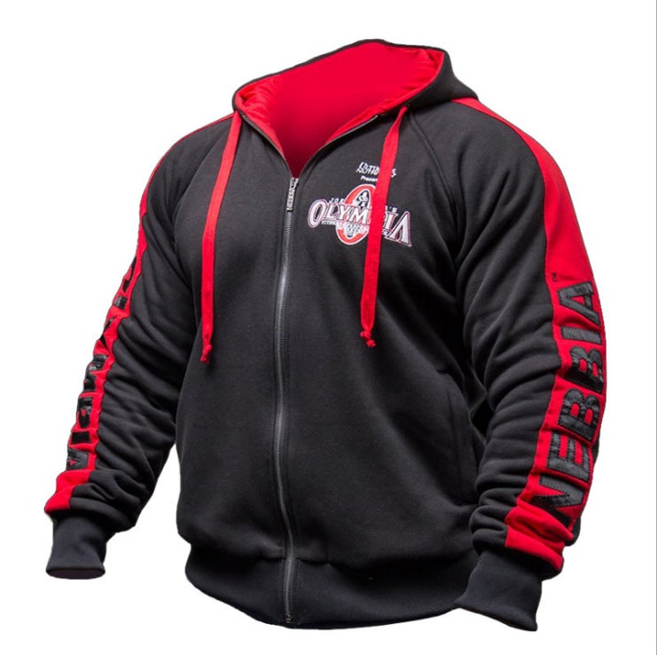 Generic Muscle Fitness Hoodie Mens Casual Sportswear Autumn Winter Black and Red Zipper shirt