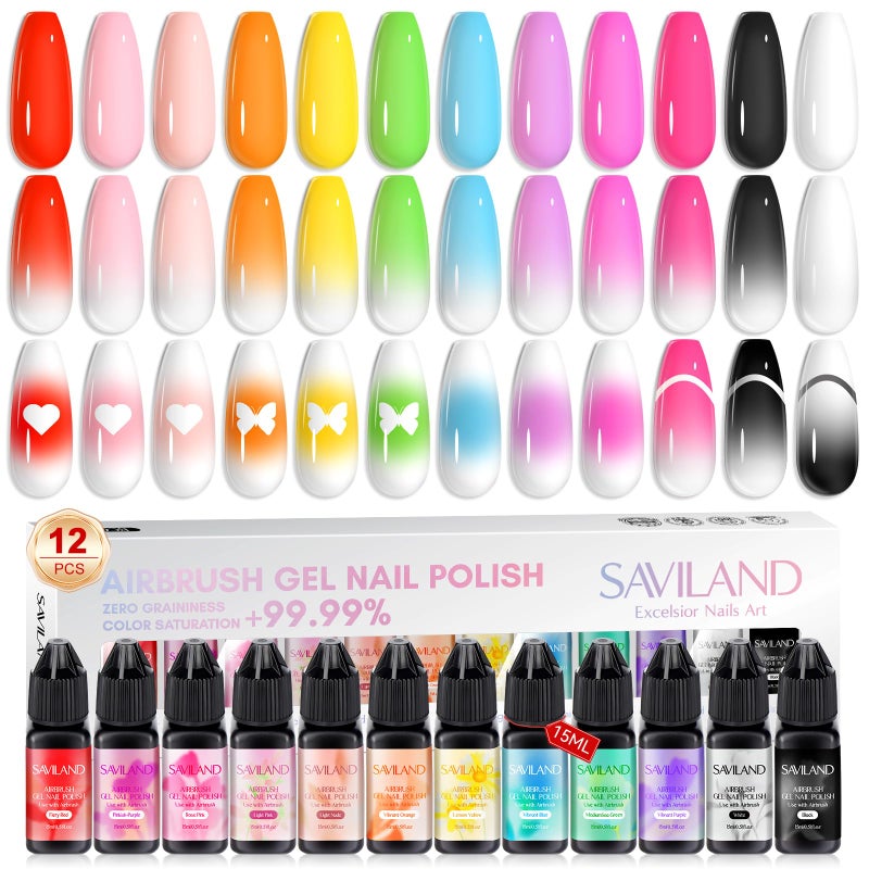 SAVILAND Airbrush Gel Nail Polish Hema-Free: Dilution-Free 12 Vitality Colors Airbrush for Nails Set Non-Acetone with Fine Mist Nail for Spray French & Ombre Nail Polish Nail Art Design Salon Kit - Image 1