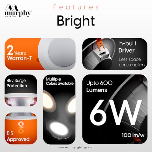 Murphy 6W Bright LED Downlight – Natural White, Slim Round Recessed Ceiling Light, 3-Inch Junction Box Compatible, Anti-Glare Diffuser, Energy Efficient (Pack of 6, 2-Year Warranty) - Image 3