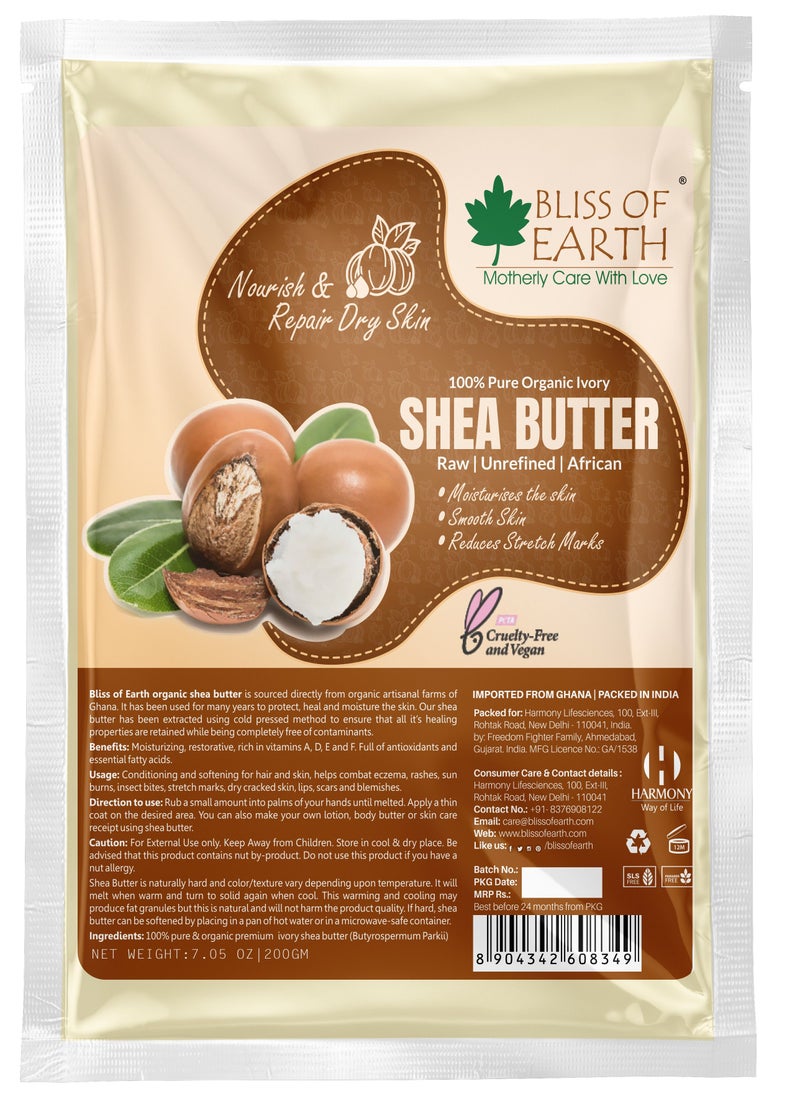 BLISS OF EARTH 100 Percent Pure Organic Shea Butter Refill Pack 200g Raw Unrefined African Shea Butter For Stretch Marks Great For Face Skin Body Lips and DIY products  - Image 1