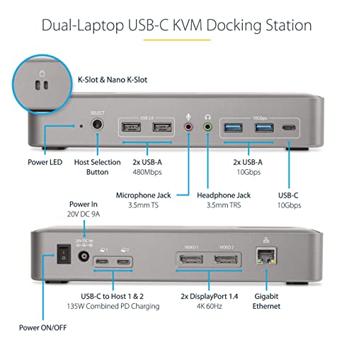 StarTech.com Dual-Laptop USB-C KVM Docking Station, Dual Monitor 4K 60Hz DisplayPort Dock, 5-Port USB Hub, GbE, 90W/45W Power Delivery to Two Laptops, Windows/Mac, 2-Host KVM Dock, TAA - Image 3