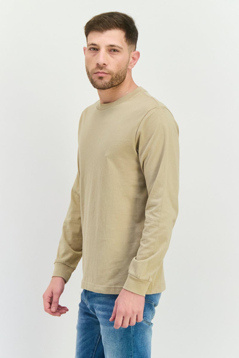 GAP Men Crew Neck Long Sleeves Plain T-Shirt, Khaki - Image 2