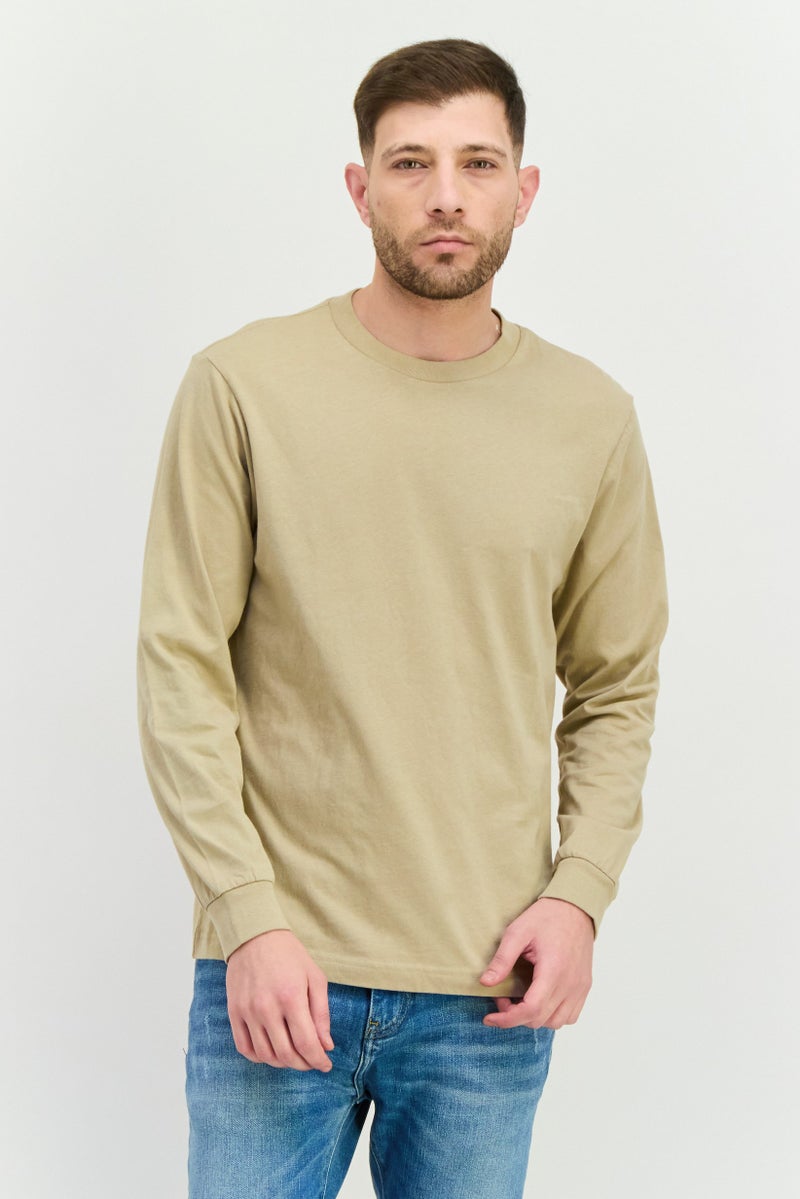 GAP Men Crew Neck Long Sleeves Plain T-Shirt, Khaki - Image 1