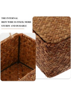 1Pcs Sea Grass Woven Basket, Desktop Organizer Shelf Baskets Seaweed Storage Box, Wicker Basket with Lid for Bathroom Living Room Kitchen (21. 5X13. 5X10CM)